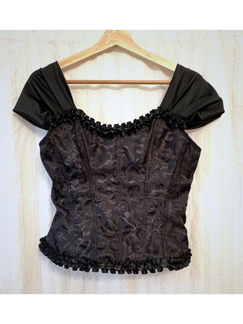 Black Jacquard Lace-Up Corset Top with Satin Ruffle Trim, Large #coquette #goth